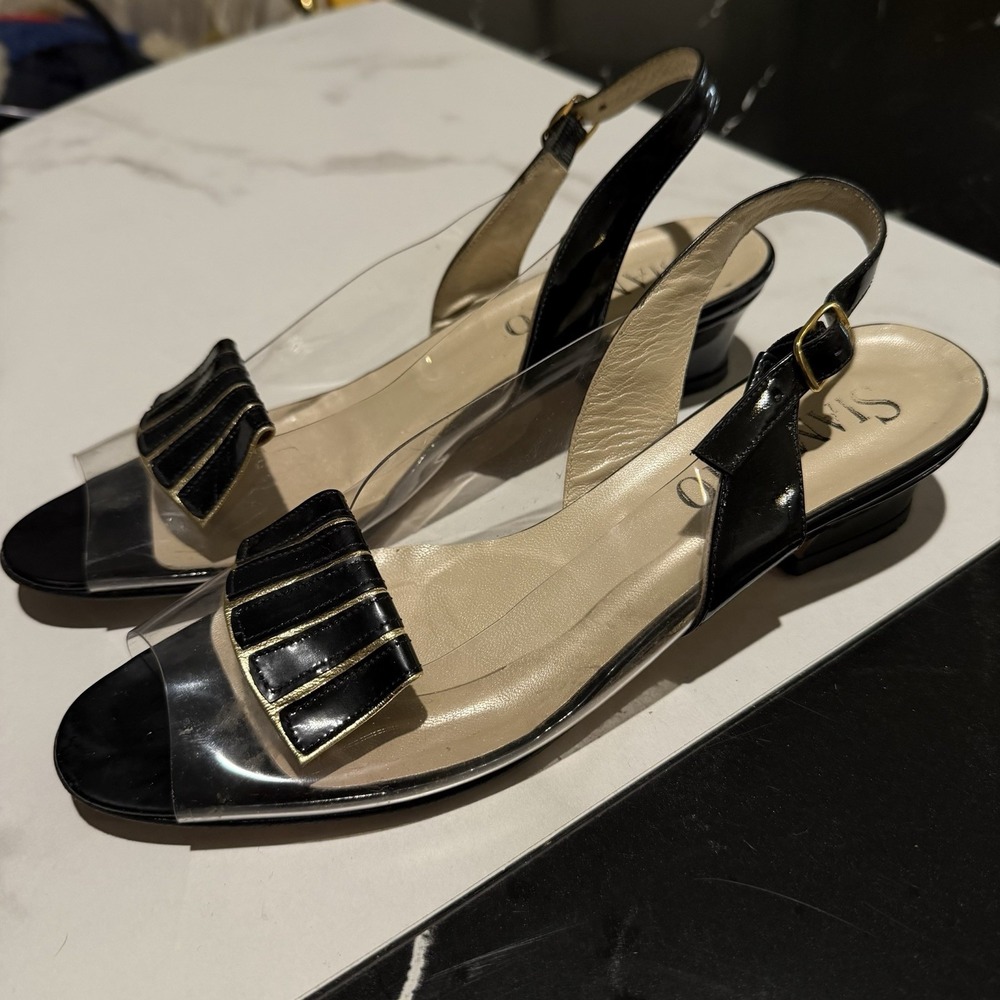 Vintage SIAMANTO Sling Open Toe 2" Kitten Heel Size 8.5 Black Clear Shoes Italy